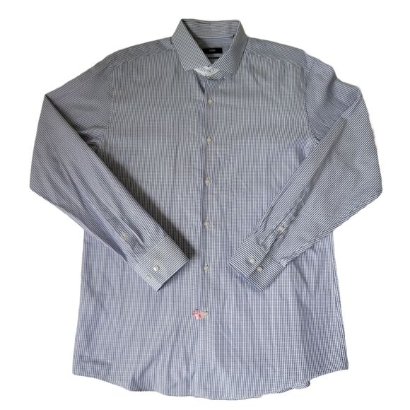 Hugo Boss Slim Fit Dress Shirt 17.5 Albini Fabric Blue Check Cotton New No Tags - Picture 1 of 10
